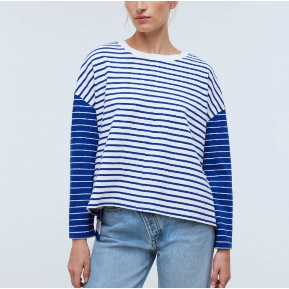 Madewell Women's Blue and‎ White Easy Long Sleeve Striped Rugby Tee in Size S